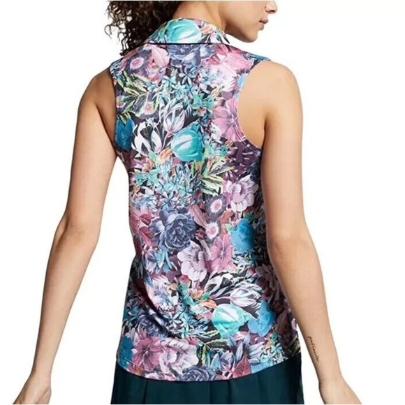Nike Dri Fit Blue Pink floral Sleeveless Polo golf Tank Top Sz-L. H18 - Picture 2 of 10